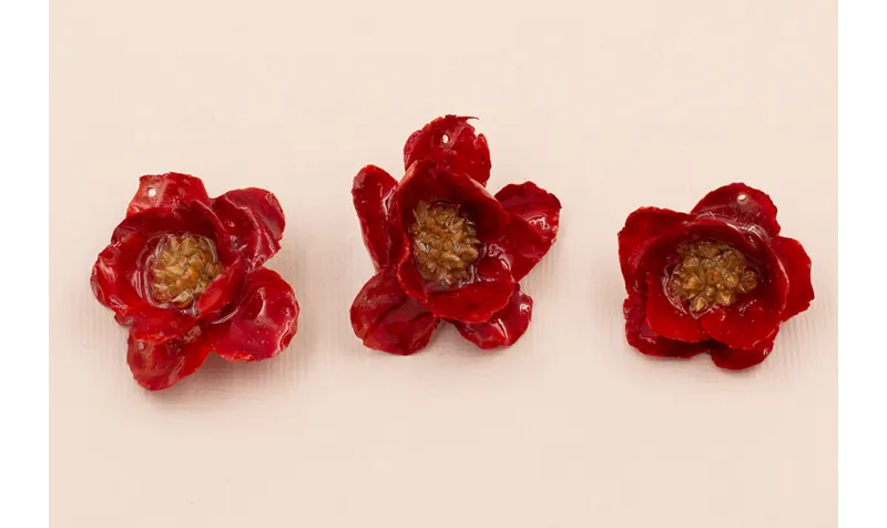 Flor Natural con Resina 30-35mm diam. Color Roja /Cuentas de  Nacar 