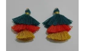 Pompon triple Verde+naranja+amarillo /Cuentas de  Tela 