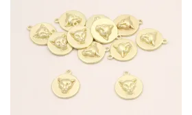 Disco cabeza tigre incrustada 10mm Dorado Mate / Cuentas Metálicas de Latón / Zamak