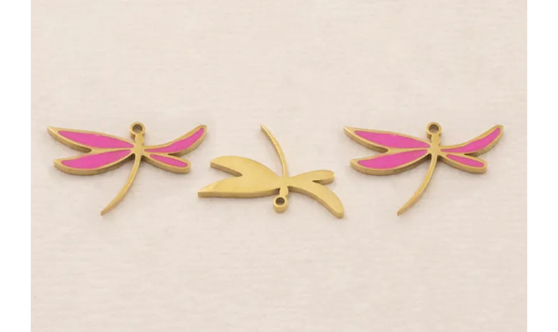 Cuenta Libélula 17*11mm Acero Inox.  Fuxia y Oro / Cuentas Metálicas de Acero Inoxidable