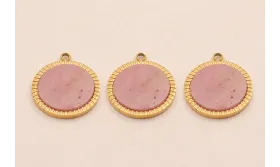 Colgante S.Steel 316L Disco 15mm con Piedra Rosada / Cuentas Metálicas de Acero Inoxidable