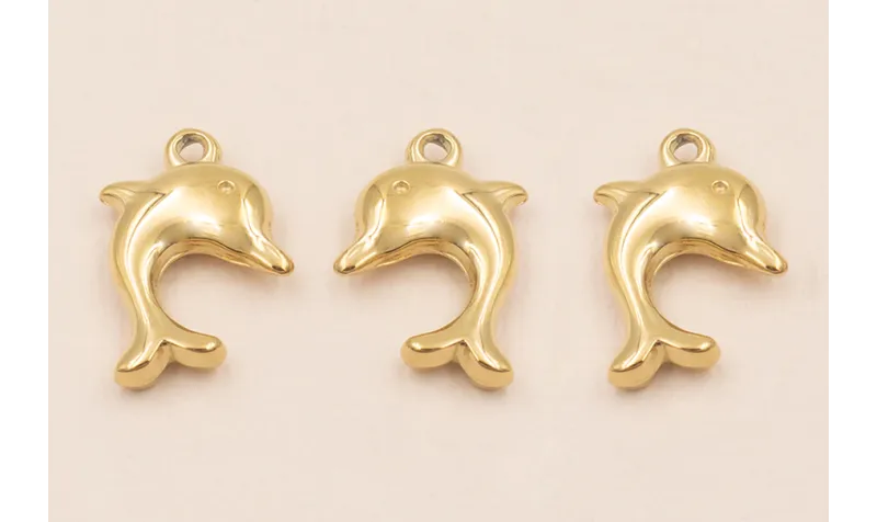 Colgante Delfín Acero Inox. 18*11mm Oro / Cuentas Metálicas de Acero Inoxidable
