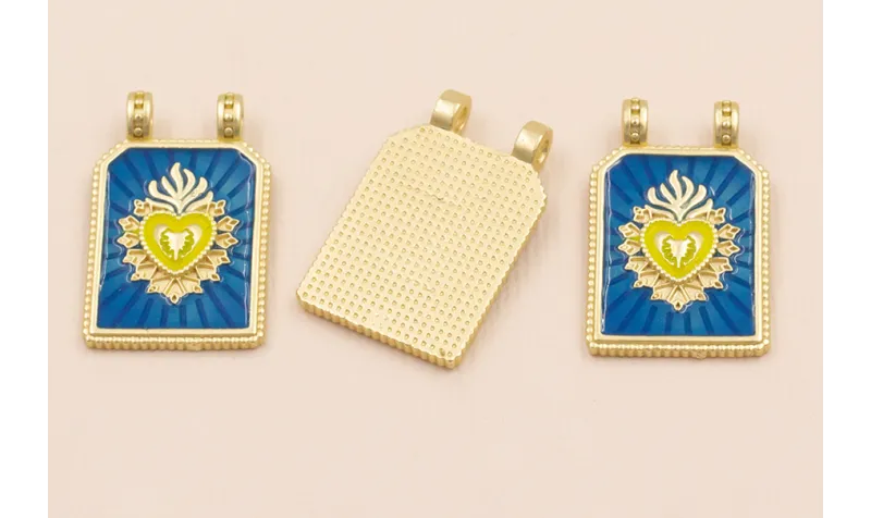 Medalla Sagrado Corazón 30*17 Azul y Lima / Cuentas Metálicas de Latón / Zamak