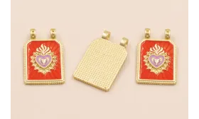 Medalla Sagrado Corazón 30*17 Naranja y Lila / Cuentas Metálicas de Latón / Zamak