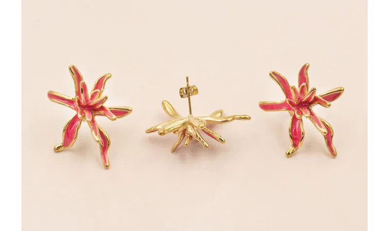 Pendiente Acero Inox. Flor Irregular 32*25 Rosa / Base Pendientes 