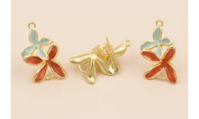 Pendiente Doble Flor 30*18 Oro Mate Turquesa Teja / Cuentas Metálicas de Latón / Zamak