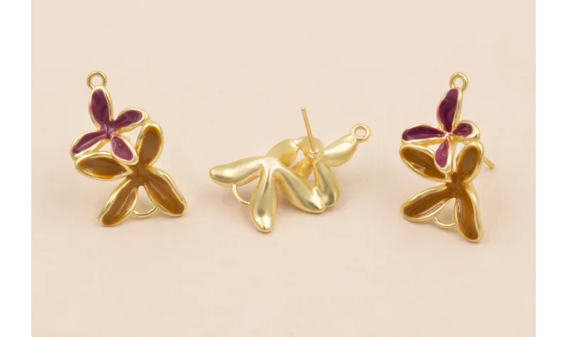 Pendiente Doble Flor 30*18 Mostaza y Cardenal / Cuentas Metálicas de Latón / Zamak