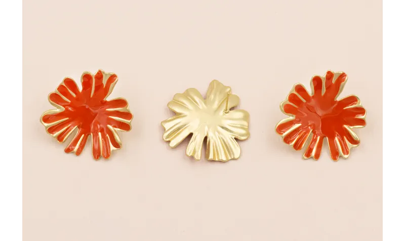 Pendiente Flor Oro Mate esmalte Naranja teja 33mm  / Base Pendientes 