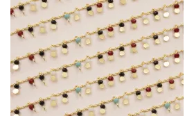 Cadena Discos 3mm con Piedra Multicolor Baño Oro / Cadenas de Latón / Zamak