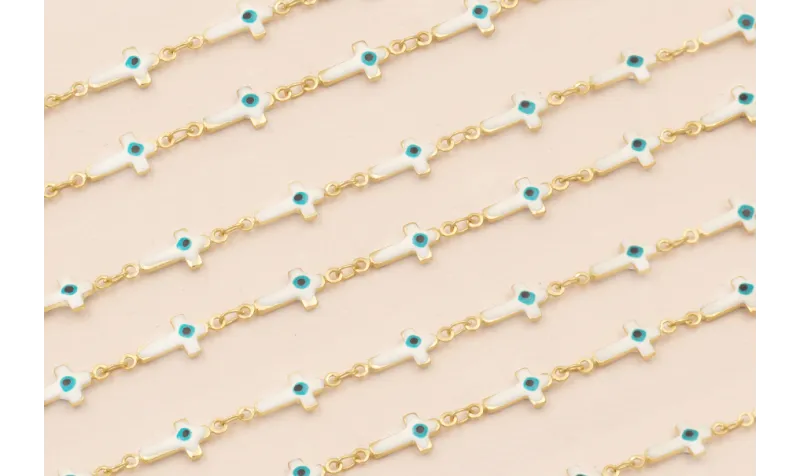 Cadena Cruces 17*7 Blancas con Ojo Turco Oro Mate / Cadenas de Latón / Zamak