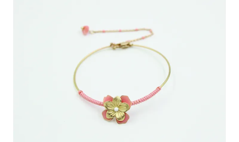 Pulsera rigida flor esmaltada rosa y alfiler bola 