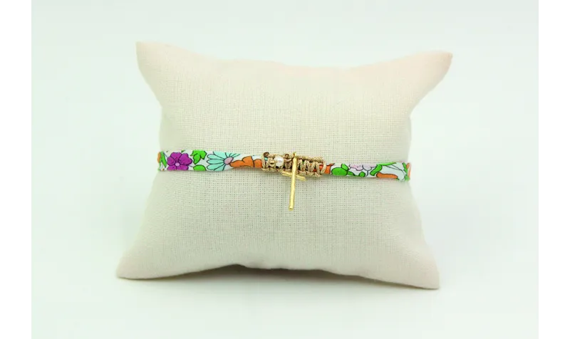 Pulsera lazo liberty con flores naranjas, azules, 