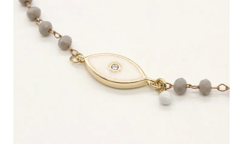 Pulsera cadena facetadas grises y ojo turco blanco