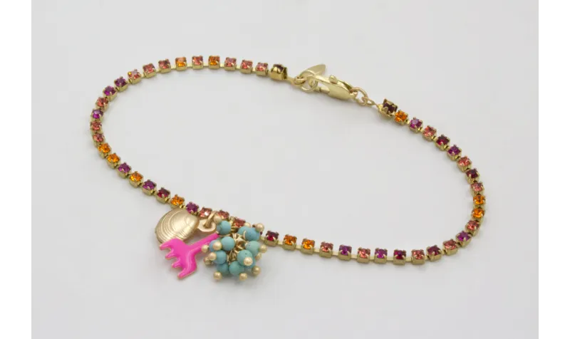 Pulsera cadena de strass naranja, rosa, fucsia con