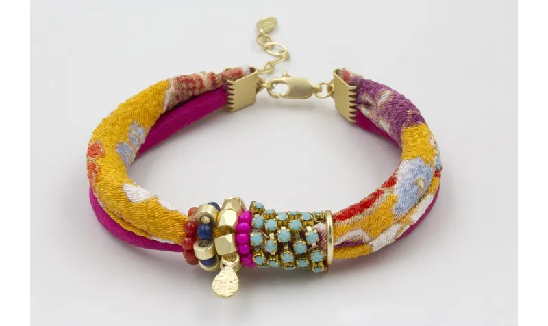 PULSERA SEDA NATURAL FUCSIA Y LAZO TUBO KIMONO AMA