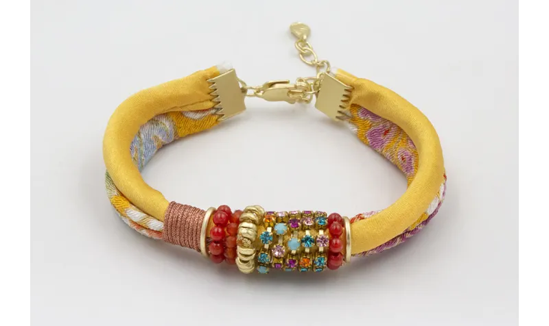 PULSERA SEDA NATURAL AMARILLA Y LAZO TUBO KIMONO A