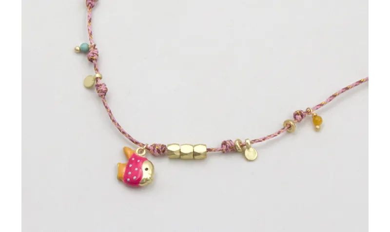 Collar hilo micro driza rosa,granate,oro con nudos