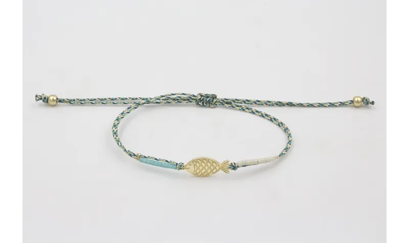 Pulsera micro driza azul, gris y oro con pez dorad