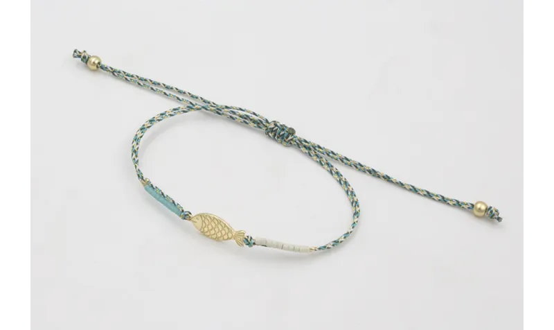 Pulsera micro driza azul, gris y oro con pez dorad