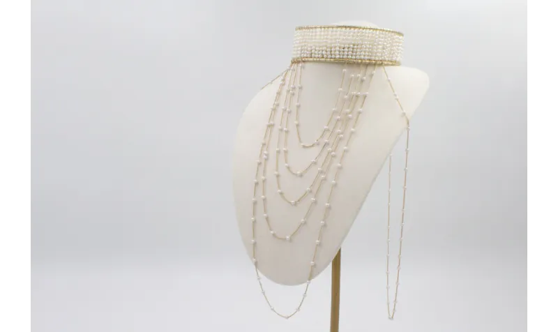 Choker doble aro todo cosido de perlas naturales y