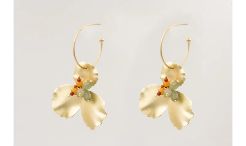 Pendientes aro bolita dorado mate con colgante flo