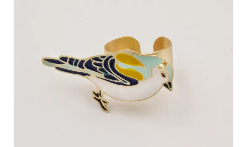 Anillo con pájaro plano esmlatado turquesa, mostaz