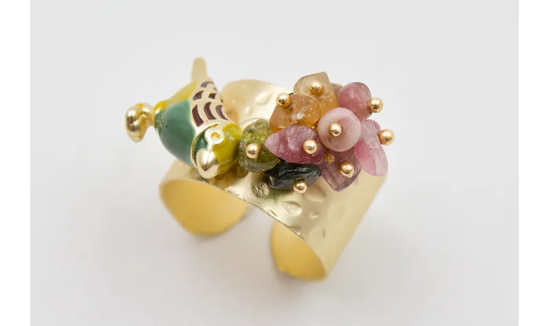 Anillo burruño turmaslines verde-rosas y pájaro es