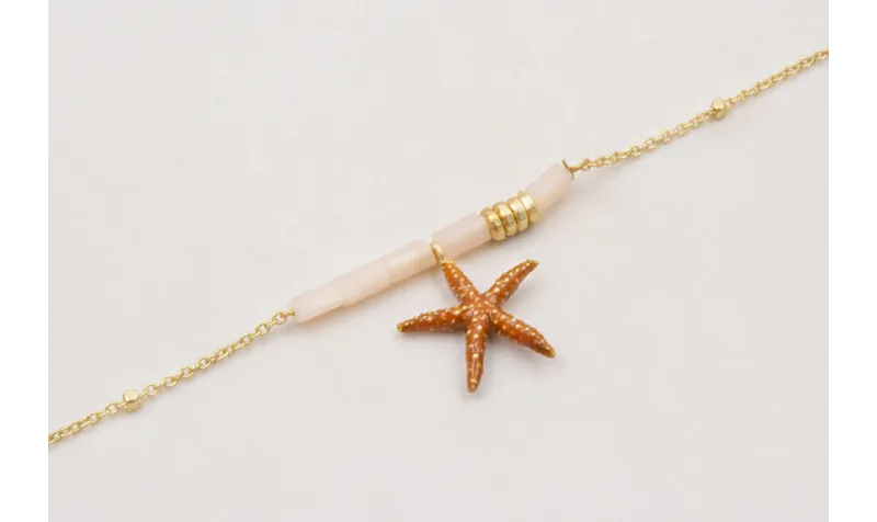 Pulsera cadena microbola con rectangulos beige,est