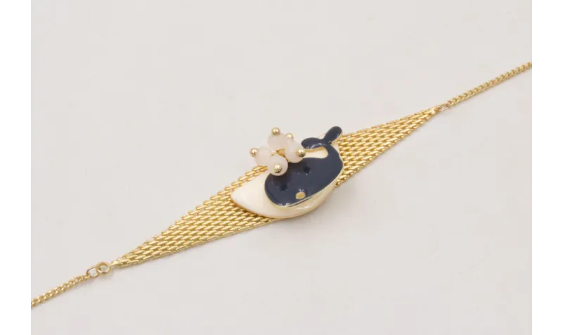 Pulsera malla rombo con esmalte beige,ballena azul