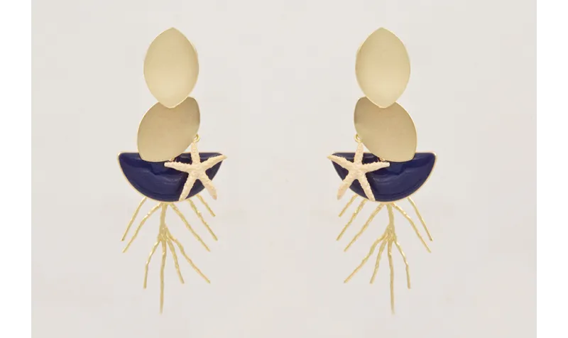 Pendientes ovalos dorados,semicirculo esmaltado az