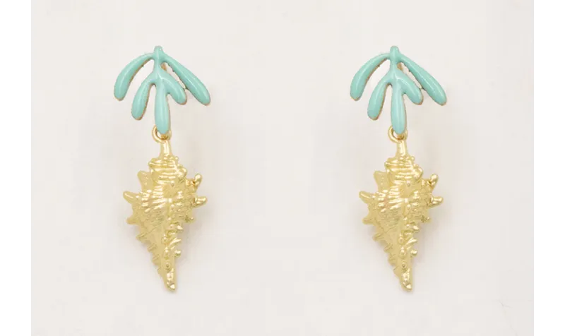 Pendientes perno hojas esmaltadas color turquesa c