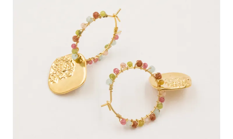 Pendientes ORO 18K. Aro con semipreciosas y colgan