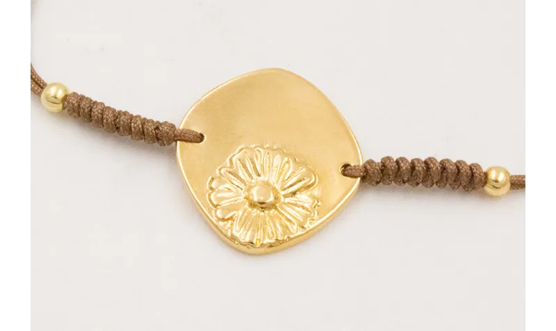 Pulsera ORO 18K. Hilo marrón con nudo serpiente co