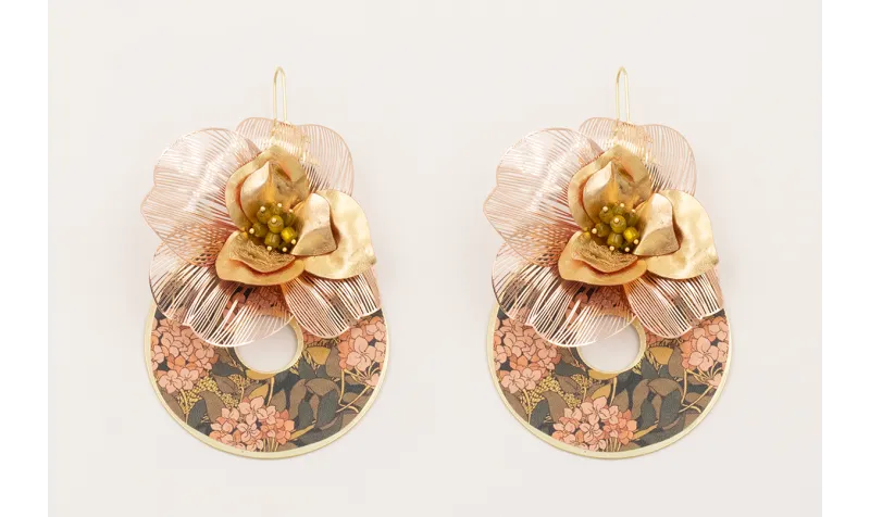 Pendientes disco estampada flores rosas y ramas co