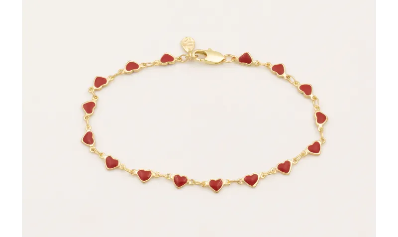Pulsera cadena corazones esmaltados rojo.