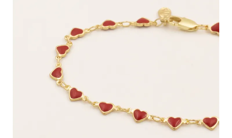 Pulsera cadena corazones esmaltados rojo.