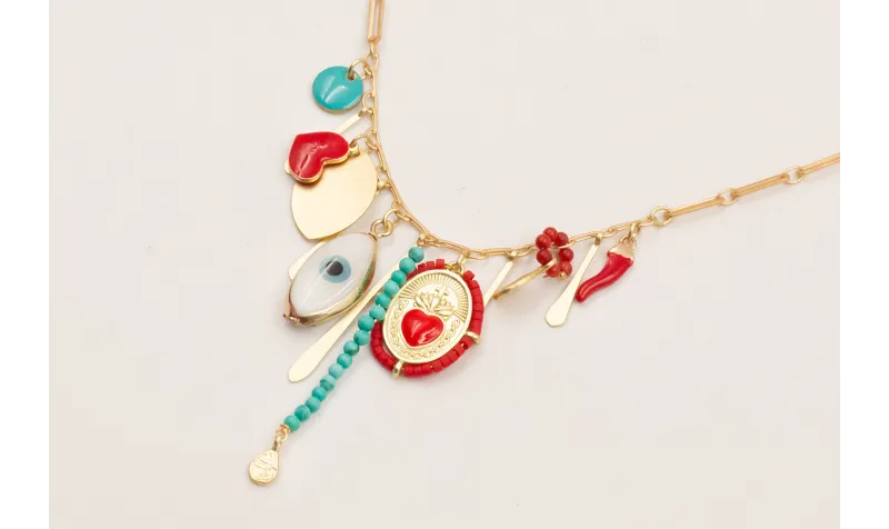 Collar cadena eslabón ovalado con colgantes, esmal