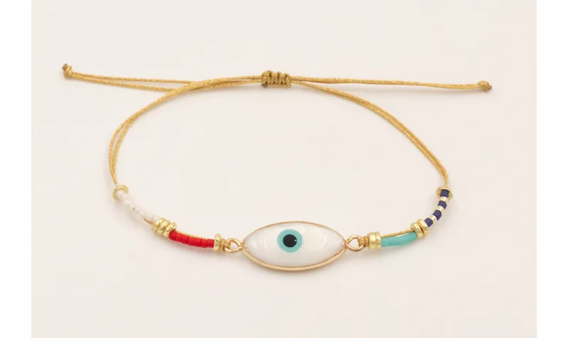 Pulsera hilo metalico dorado con ojo turco nacar b