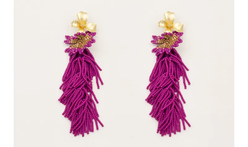 Pendientes flor dorado mate con fleco abalorio pur