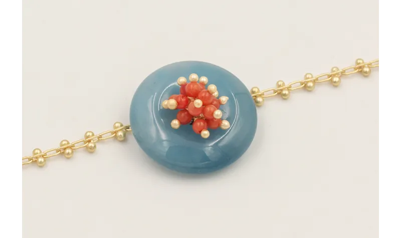 Pulsera cadena entrelazadas 2 bolitas con disco cu