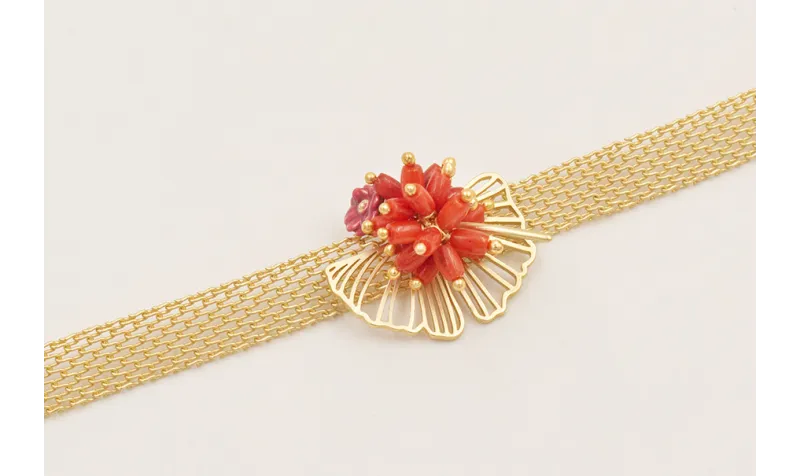 Pulsera cadena malla con burruño tubitos coral, fl