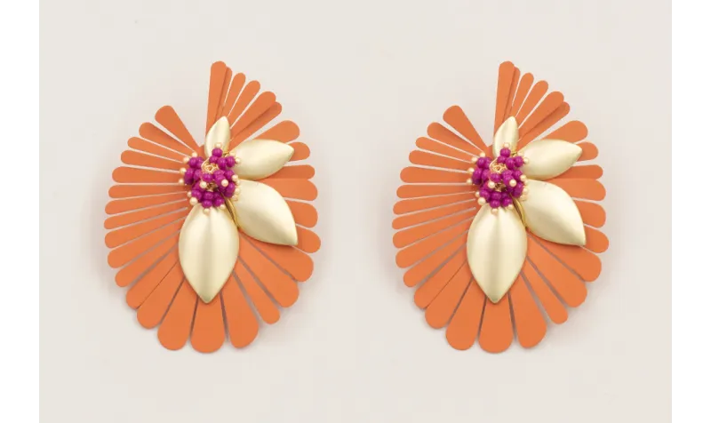 Pendientes flor pétalos esmaltado coral con ramill