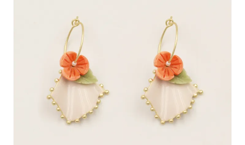 Pendientes aro pequeño flor resina coral, hoja res