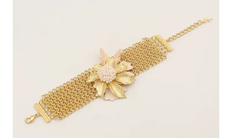 Pulsera malla con flor grande, mariposa esmaltada 