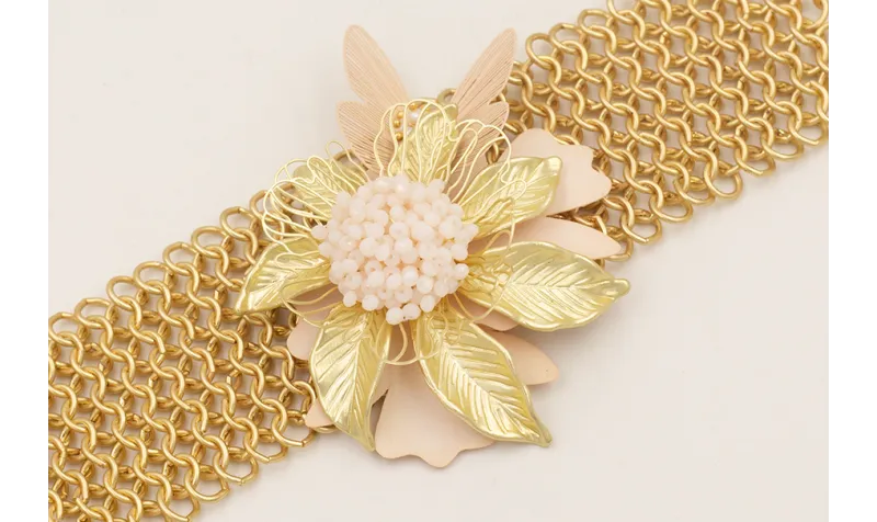Pulsera malla con flor grande, mariposa esmaltada 