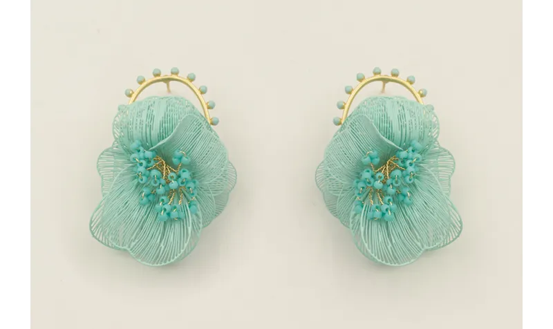 Pendientes perno aro bolitas turquesas con flores 