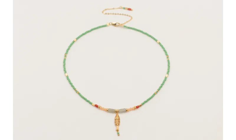 Collar ORO18K con bolas piedra verde opaco,colgant