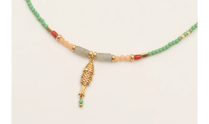 Collar ORO18K con bolas piedra verde opaco,colgant