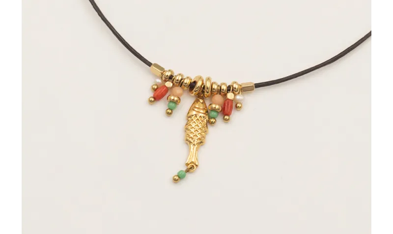 Collar ORO18K cuero marrón fino nudos con colgante