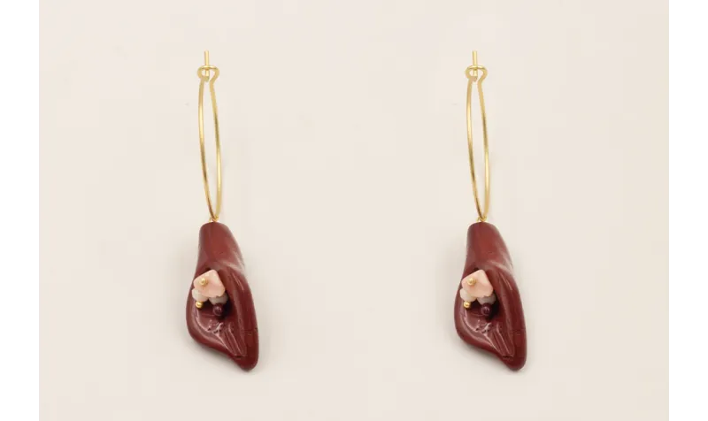 Pendientes aro mediano dorado mate con tulipán jad